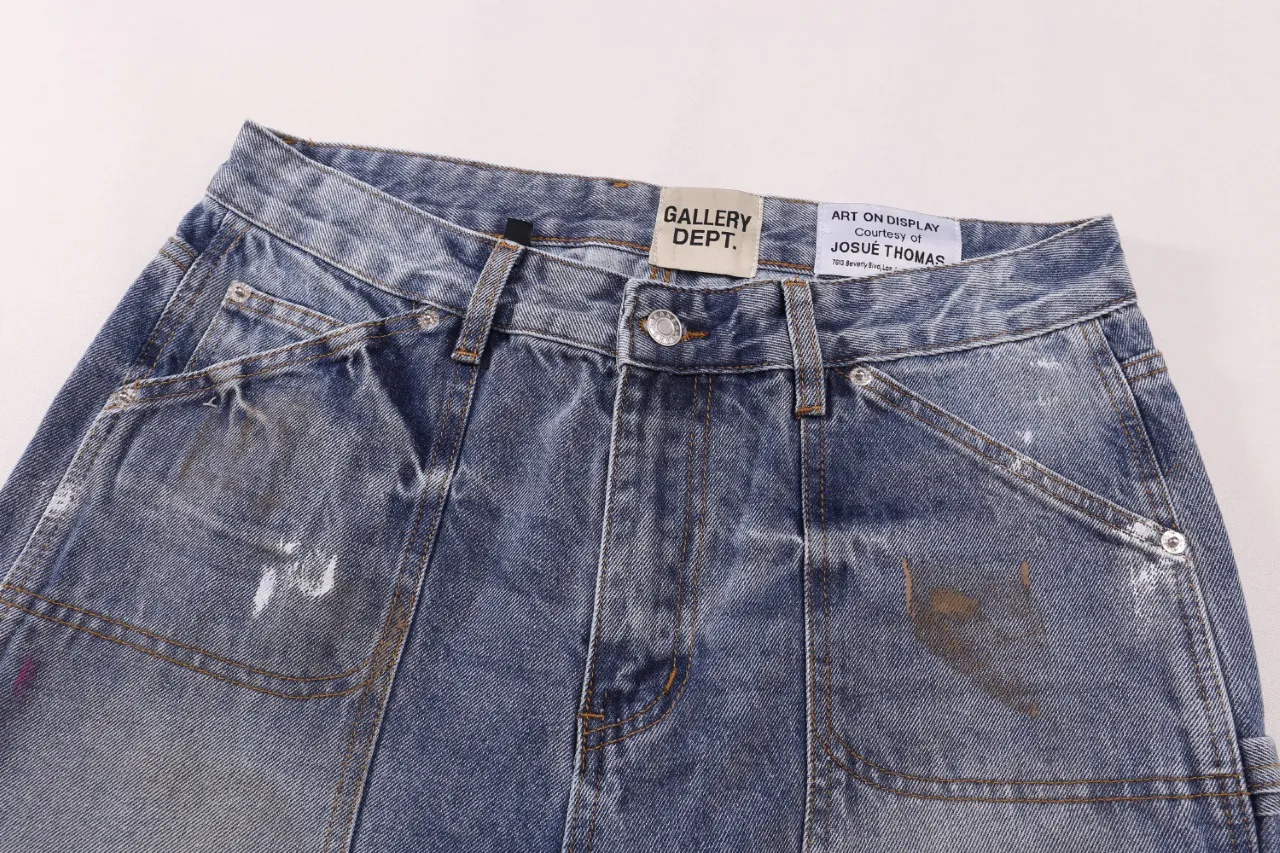 651#Gallery Dept New Retro Old Splashed Paint Holes Dirty Feng Shui Washed Mud Dyeing Logging Workwear Jeans American High Street Casual Workwear Trousers Washed Blue S～XL p290